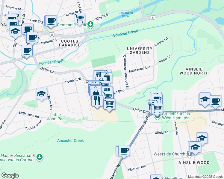 map of restaurants, bars, coffee shops, grocery stores, and more near 5 Don Street in Hamilton