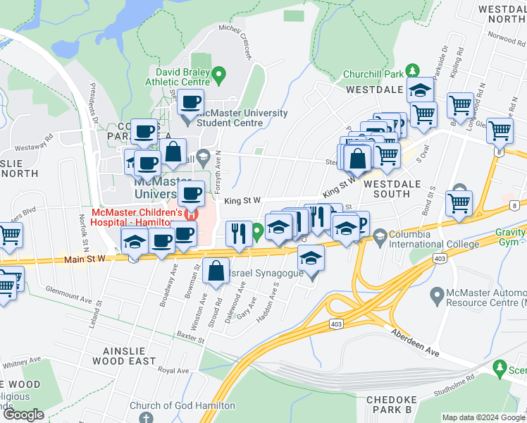 map of restaurants, bars, coffee shops, grocery stores, and more near 15 Dalewood Avenue in Hamilton