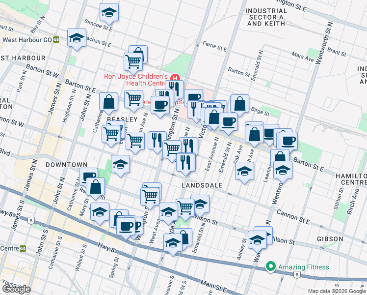 map of restaurants, bars, coffee shops, grocery stores, and more near 265 Robert Street in Hamilton