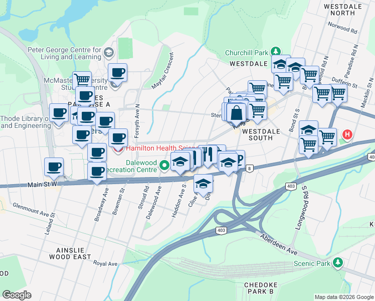 map of restaurants, bars, coffee shops, grocery stores, and more near 32 Haddon Avenue South in Hamilton