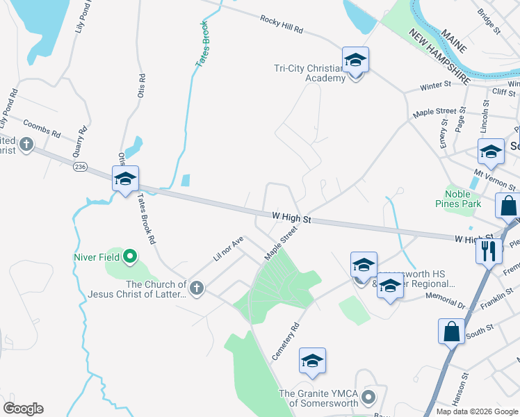 map of restaurants, bars, coffee shops, grocery stores, and more near 99 West High Street in Somersworth