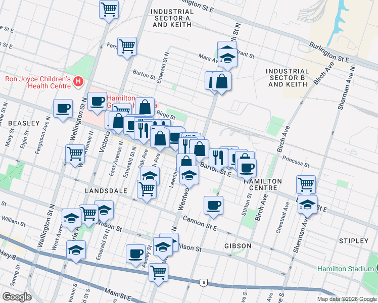 map of restaurants, bars, coffee shops, grocery stores, and more near 14 William Street in Hamilton
