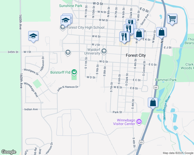 map of restaurants, bars, coffee shops, grocery stores, and more near 498 South 9th Street in Forest City