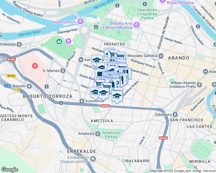 map of restaurants, bars, coffee shops, grocery stores, and more near 12 Calle Manuel Allende in Bilbao