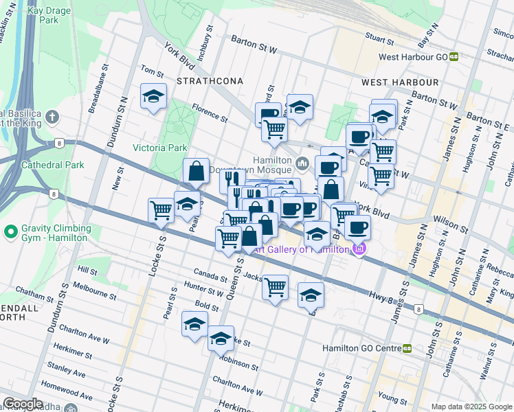 map of restaurants, bars, coffee shops, grocery stores, and more near 15 Queen Street North in Hamilton