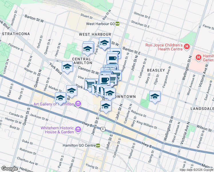 map of restaurants, bars, coffee shops, grocery stores, and more near 123 James Street North in Hamilton