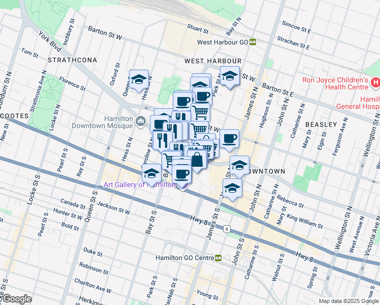 map of restaurants, bars, coffee shops, grocery stores, and more near 114 York Boulevard in Hamilton
