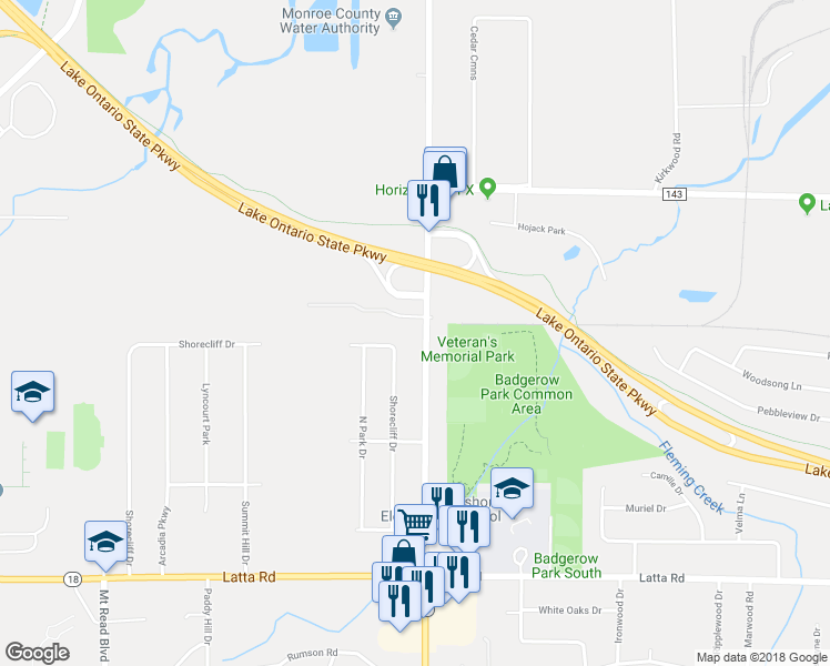 map of restaurants, bars, coffee shops, grocery stores, and more near 4623 Dewey Avenue in Rochester