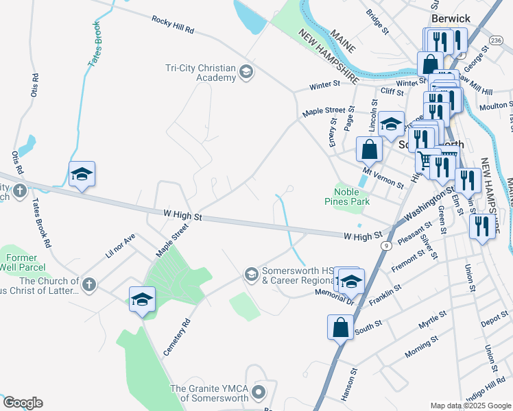 map of restaurants, bars, coffee shops, grocery stores, and more near 6 Ron Wyn Drive in Somersworth