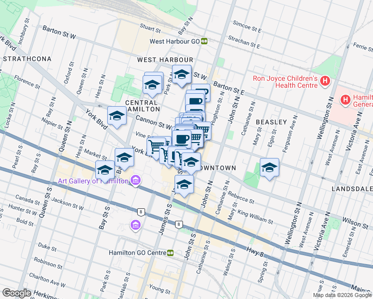 map of restaurants, bars, coffee shops, grocery stores, and more near 30 Vine Street in Hamilton