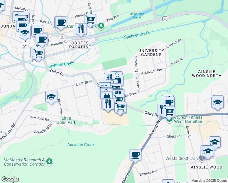 map of restaurants, bars, coffee shops, grocery stores, and more near 1 Osler Court in Hamilton