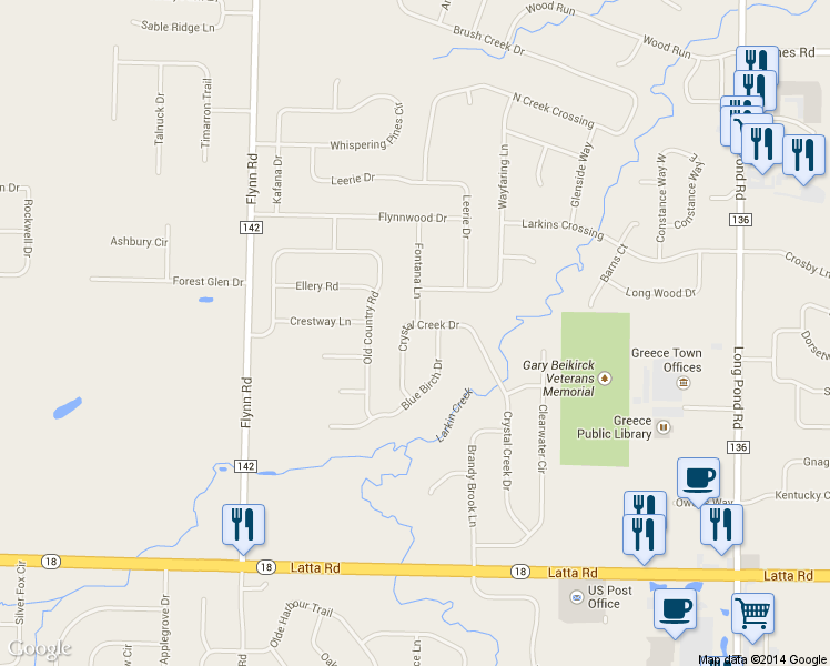 map of restaurants, bars, coffee shops, grocery stores, and more near 305 Crystal Creek Dr in Rochester