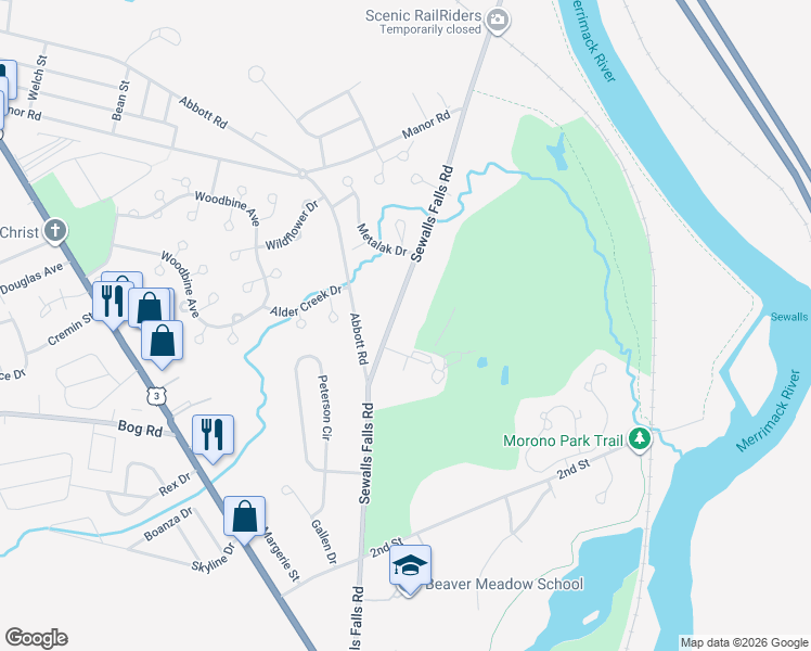 map of restaurants, bars, coffee shops, grocery stores, and more near 120 Sewalls Falls Road in Concord