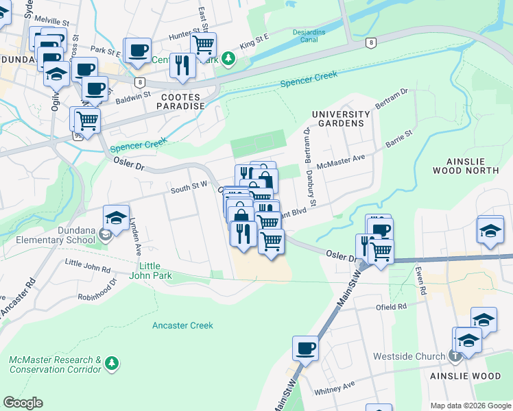 map of restaurants, bars, coffee shops, grocery stores, and more near 1 Osler Court in Hamilton