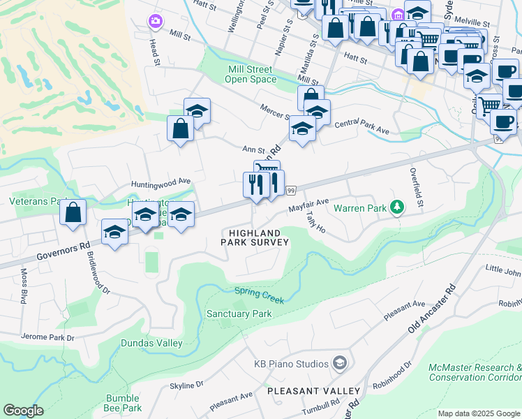 map of restaurants, bars, coffee shops, grocery stores, and more near 232 Governors Road in Hamilton