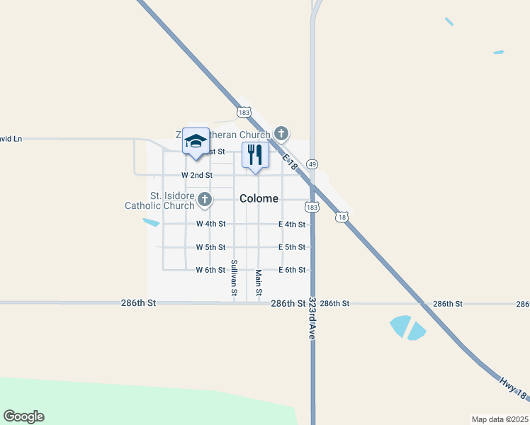 map of restaurants, bars, coffee shops, grocery stores, and more near 312 Main Street in Colome