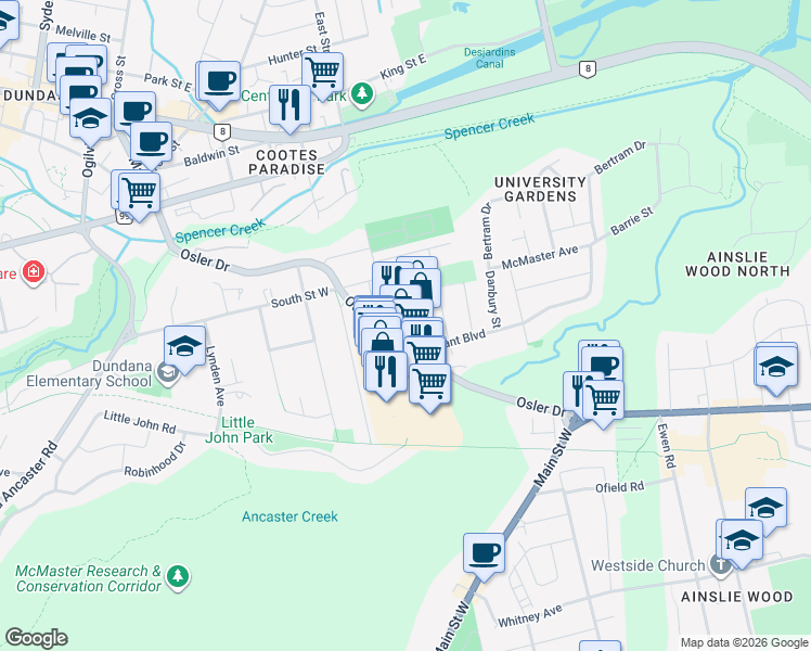 map of restaurants, bars, coffee shops, grocery stores, and more near 104 Osler Drive in Hamilton