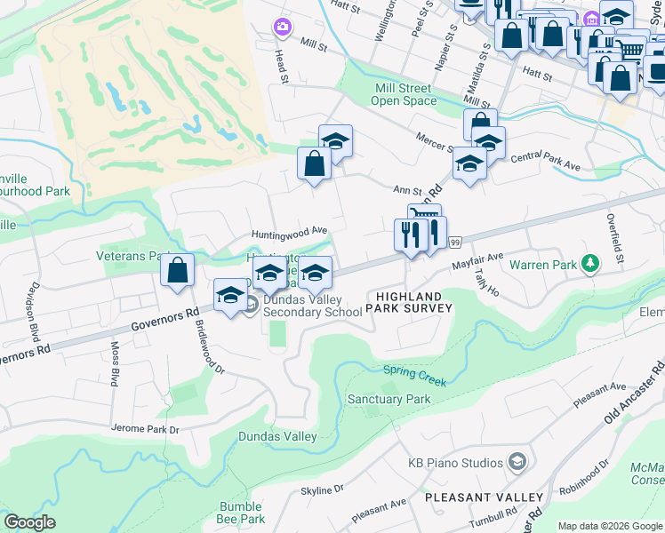 map of restaurants, bars, coffee shops, grocery stores, and more near 2 Huntingwood Avenue in Hamilton