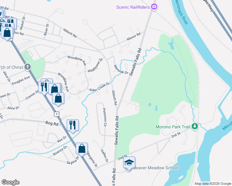 map of restaurants, bars, coffee shops, grocery stores, and more near 145 Abbott Road in Concord