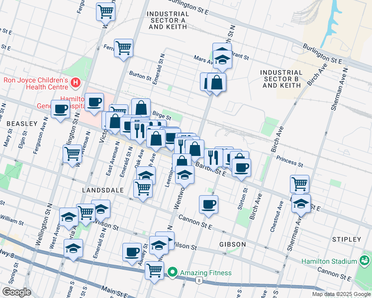 map of restaurants, bars, coffee shops, grocery stores, and more near 22 William Street in Hamilton