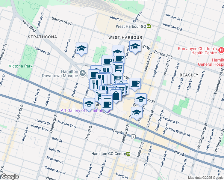 map of restaurants, bars, coffee shops, grocery stores, and more near 84 York Boulevard in Hamilton