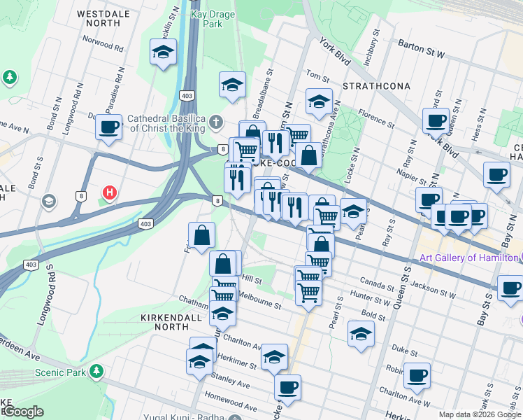 map of restaurants, bars, coffee shops, grocery stores, and more near 460 Main Street West in Hamilton