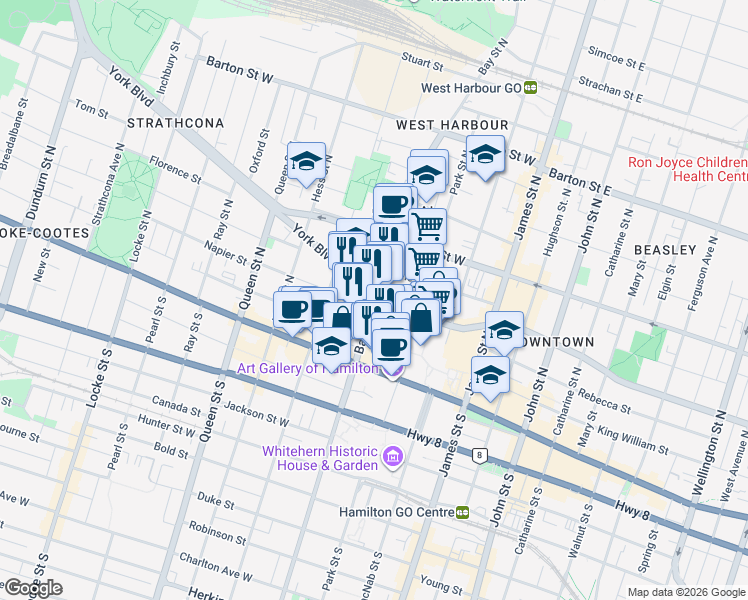 map of restaurants, bars, coffee shops, grocery stores, and more near 66 Bay Street North in Hamilton