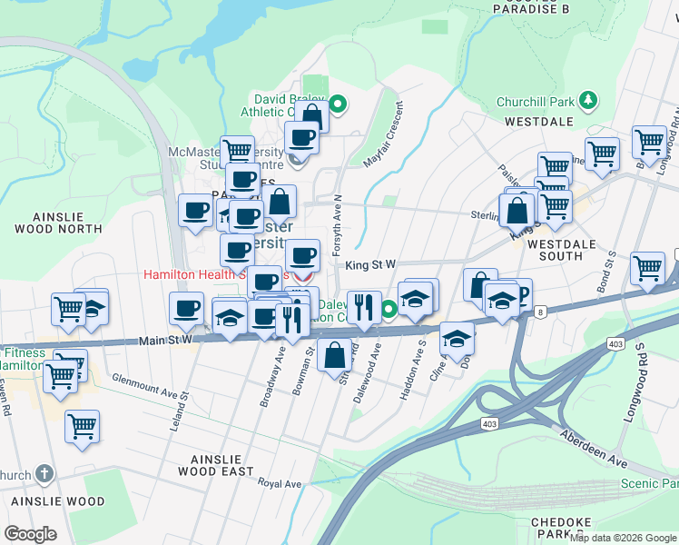 map of restaurants, bars, coffee shops, grocery stores, and more near 1271 King Street West in Hamilton