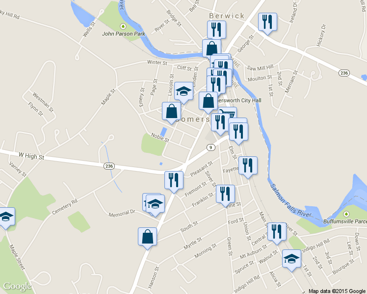 map of restaurants, bars, coffee shops, grocery stores, and more near 10 Noble Street in Somersworth
