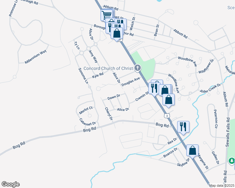 map of restaurants, bars, coffee shops, grocery stores, and more near 8 Dawn Dr in Concord