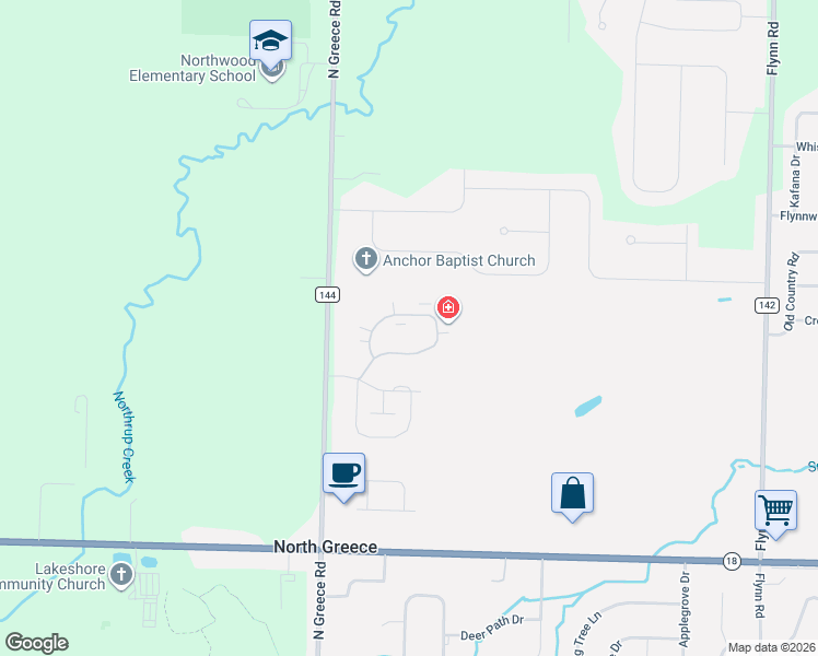 map of restaurants, bars, coffee shops, grocery stores, and more near 92 Maple Center Road in Hilton
