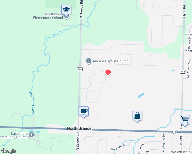 map of restaurants, bars, coffee shops, grocery stores, and more near 92 Maple Center Road in Hilton