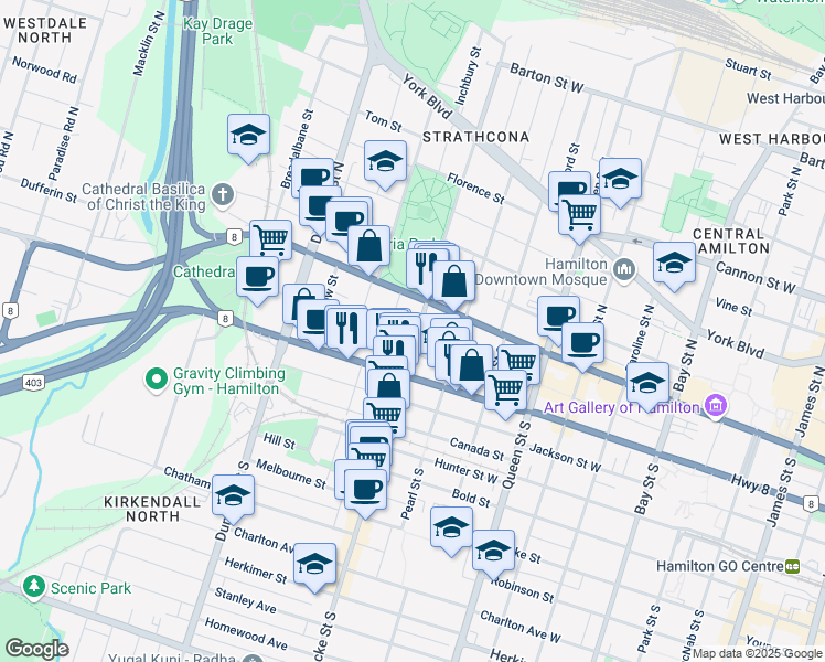 map of restaurants, bars, coffee shops, grocery stores, and more near 34 Locke Street South in Hamilton