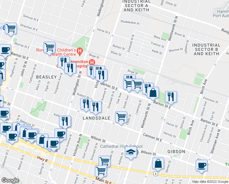 map of restaurants, bars, coffee shops, grocery stores, and more near 256 Emerald Street North in Hamilton