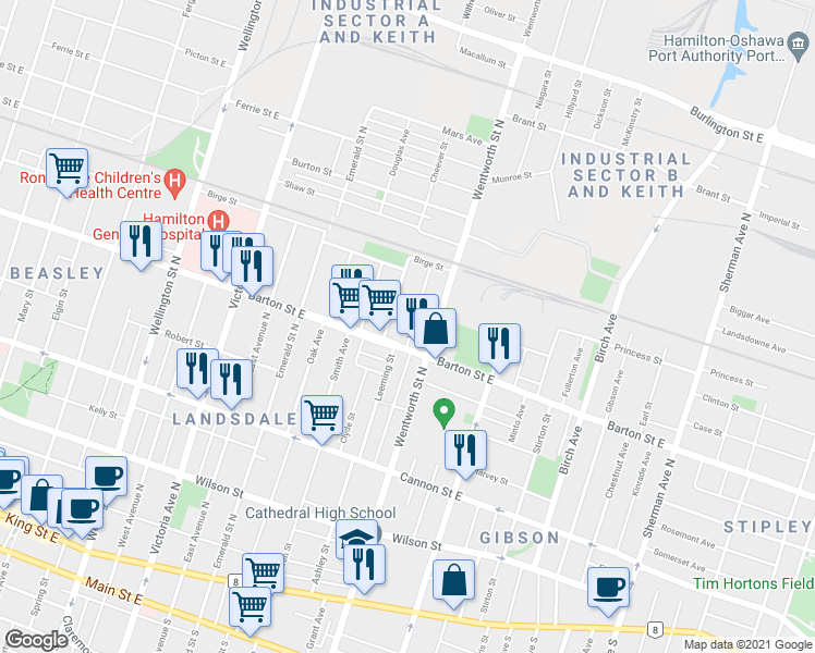 map of restaurants, bars, coffee shops, grocery stores, and more near 19 William Street in Hamilton