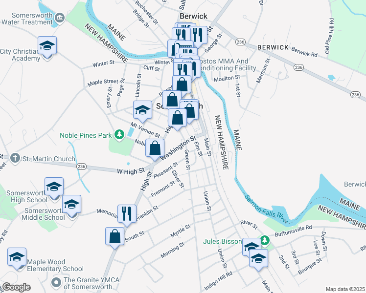 map of restaurants, bars, coffee shops, grocery stores, and more near 1 Green Street in Somersworth