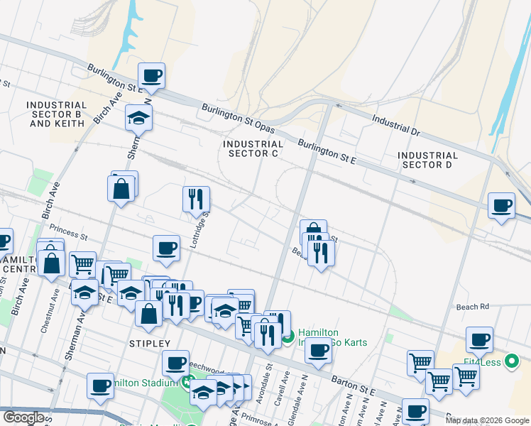 map of restaurants, bars, coffee shops, grocery stores, and more near 25 Whitfield Avenue in Hamilton