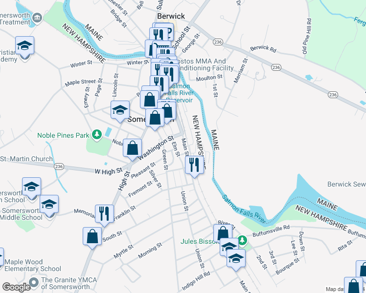 map of restaurants, bars, coffee shops, grocery stores, and more near 80 Elm Street in Somersworth