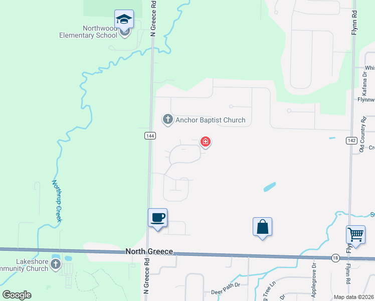 map of restaurants, bars, coffee shops, grocery stores, and more near 92 Maple Center Road in Hilton
