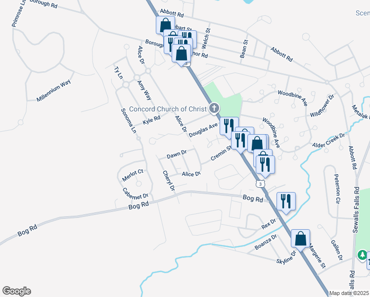 map of restaurants, bars, coffee shops, grocery stores, and more near 8 Dawn Drive in Concord