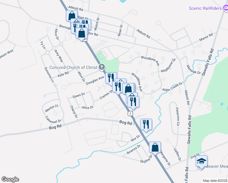 map of restaurants, bars, coffee shops, grocery stores, and more near 119 Fisherville Road in Concord