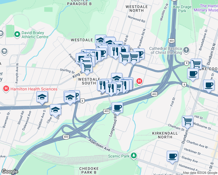 map of restaurants, bars, coffee shops, grocery stores, and more near 104 Longwood Road South in Hamilton