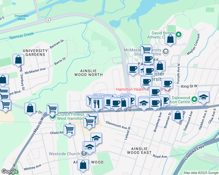 map of restaurants, bars, coffee shops, grocery stores, and more near 20 Sanders Boulevard in Hamilton