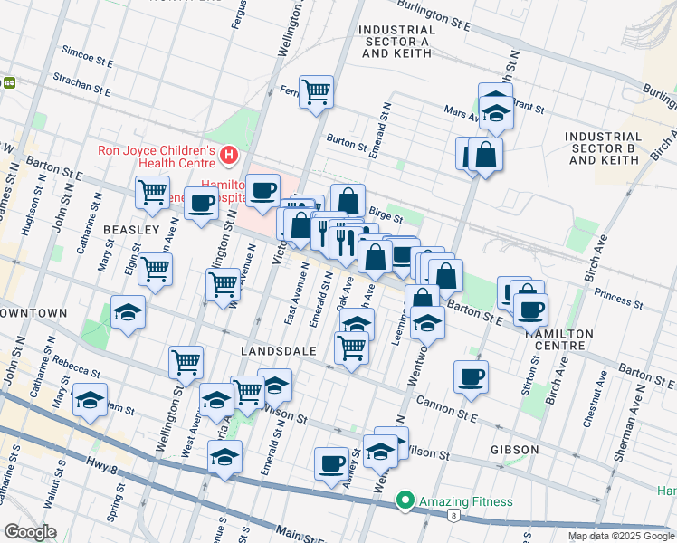 map of restaurants, bars, coffee shops, grocery stores, and more near 352 Barton Street East in Hamilton