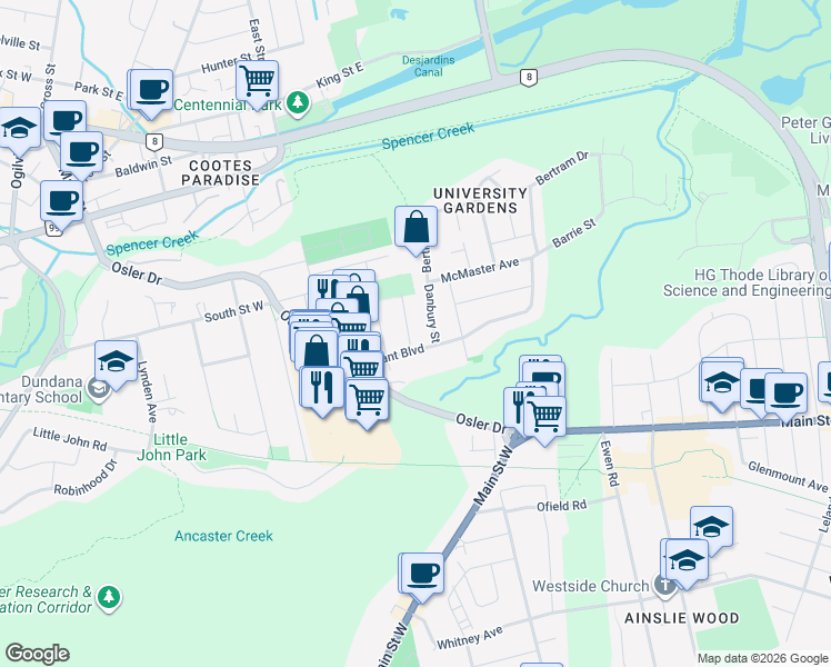 map of restaurants, bars, coffee shops, grocery stores, and more near 6 Sheldon Street in Hamilton