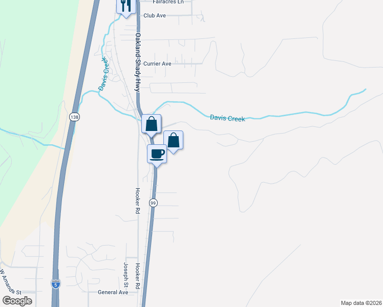 map of restaurants, bars, coffee shops, grocery stores, and more near 115 Deer Fern Way in Roseburg