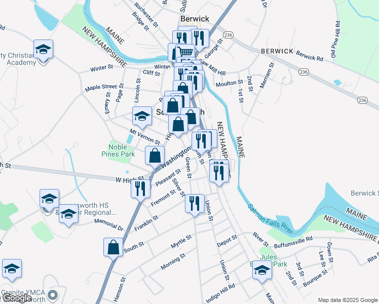 map of restaurants, bars, coffee shops, grocery stores, and more near 1 Green Street in Somersworth