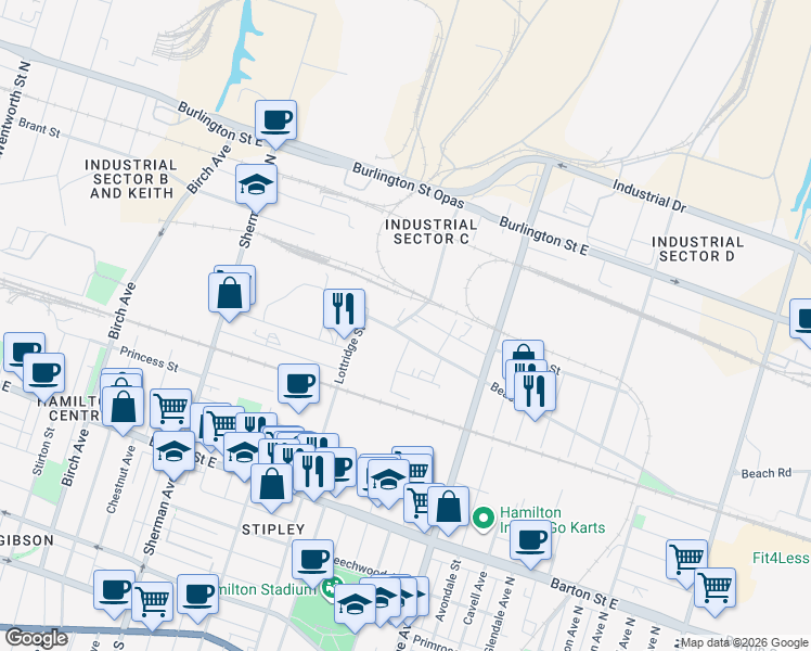 map of restaurants, bars, coffee shops, grocery stores, and more near in Hamilton
