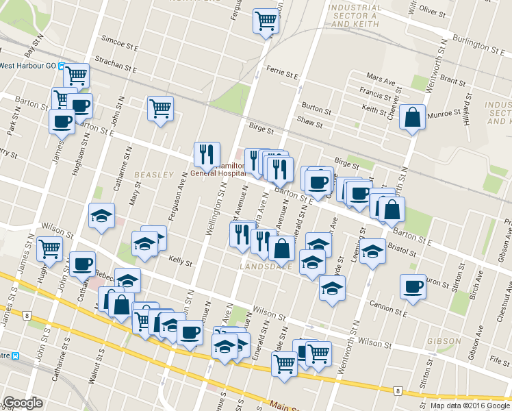 map of restaurants, bars, coffee shops, grocery stores, and more near in Hamilton