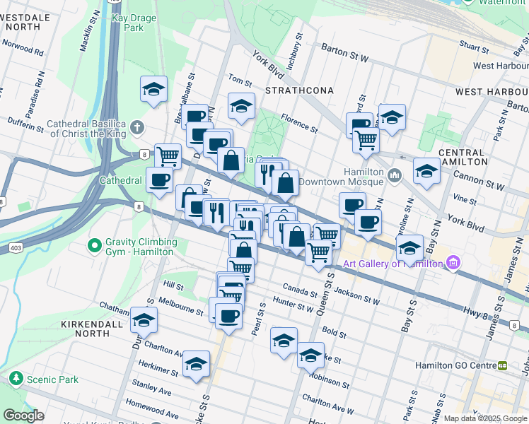 map of restaurants, bars, coffee shops, grocery stores, and more near 34 Locke Street South in Hamilton